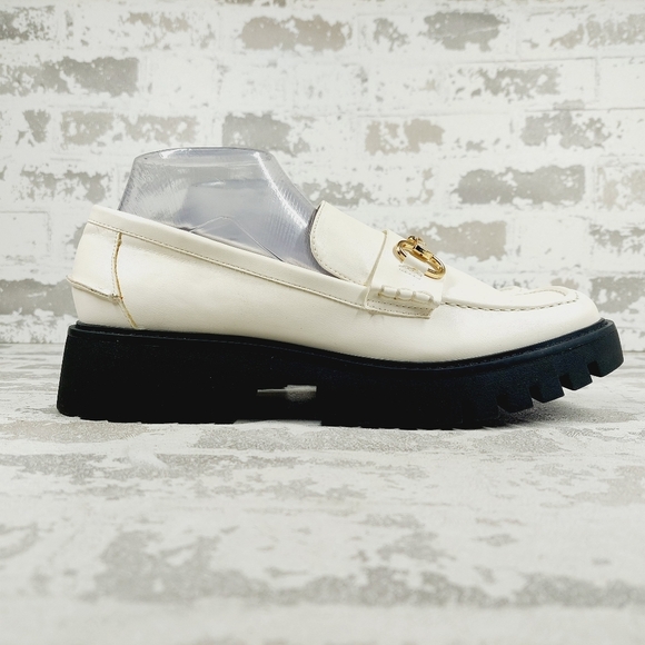 NEW Nordstrom Open Edit White Faux Patent Gold Chunky Academia Loafers C433 - Picture 5 of 14